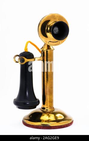 Antique Brass Candlestick Telephone Made Around 1910 In Black And White