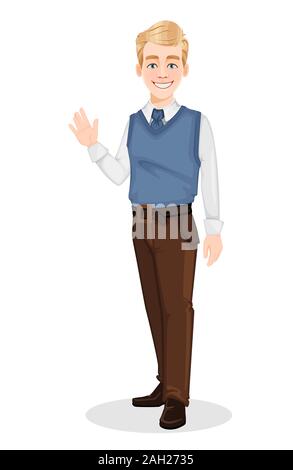 Happy Handsome Blonde Man Waving Hand Cartoon Icon Image Stock Vector