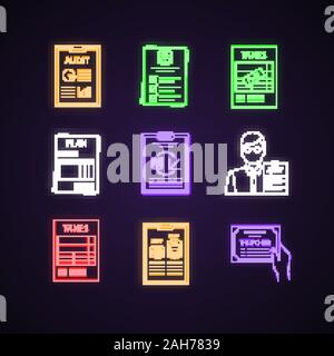 Audit Neon Light Icons Set Voucher Budgeting Taxes Accounting