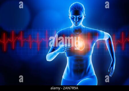 Female Running And Heartbeat Electrocardiogram Or Ekg Curve D