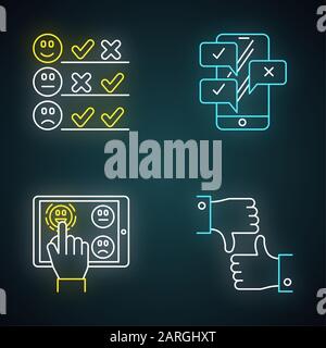 Survey Neon Light Icons Set Satisfaction Level Evaluation Scale