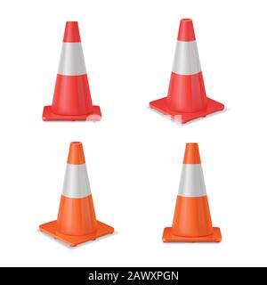 Traffic Cones Set Red Realistic Road Plastic Cones With White Striped