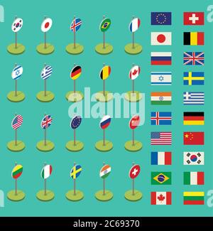 Isometric Flags Icons In Flat Style Simple Flags Of The Countries