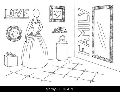 Flower Shop Interior Graphic Black White Vertical Sketch Illustration