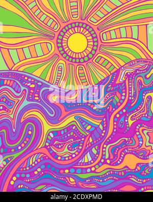 Cartoon Psychedelic Landscape Colorful Hippie Art Fantastic Graphic