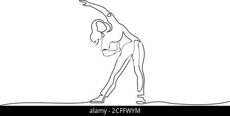 Woman Make Stretching Exercise At Fitness Continuous One Line Drawing