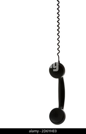 Retro Black Telephone Receiver With Cord Extended Close Up Stock Photo