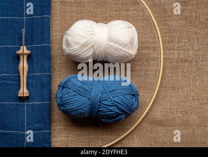 Handmade Embroidery Composition On Wooden Background Stock Photo Alamy