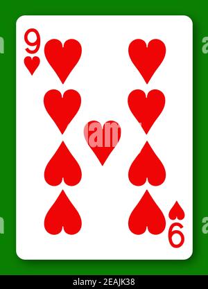 A Vintage Nine Of Hearts Playing Card Isolated On A White Background