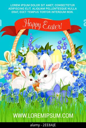 Happy Easter Greetings Of Paschal Eggs In Flowers Wicker Basket And