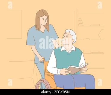 A Male Social Worker Or Nurse Pushing An Empty Wheelchair Nursing Home