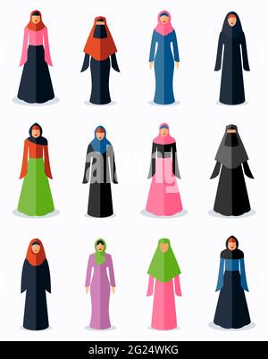 Beautiful Muslim Arab Woman Icons Set Female Portrait In White Hijab