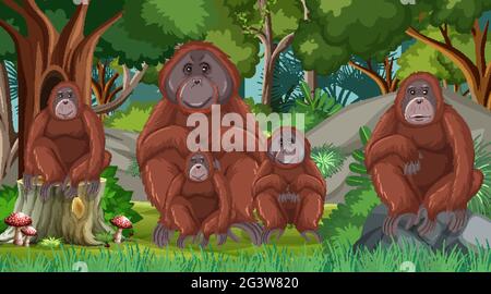 Orangutan In Forest Or Rainforest Scene With Many Trees Illustration