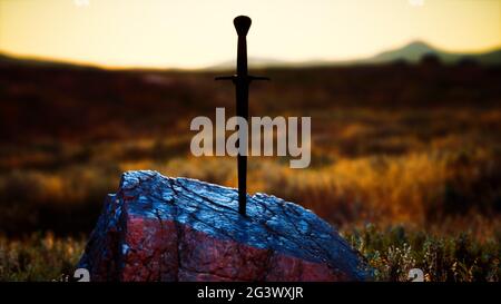 Excalibur The Famous Sword In The Stone Of King Arthur In The Forest