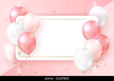 Elegant Golden Rose Pink Ballon Square Frame And Party Popper Ribbon