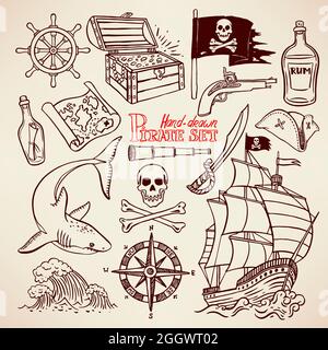 Vintage Pirate Ship Sketch Hand Drawn Vintage Sea Transport Vector