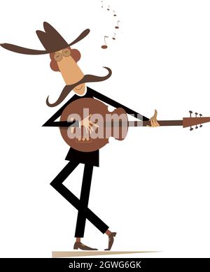 Cartoon Long Mustache Guitarist Is Playing Music And Sings Illustration