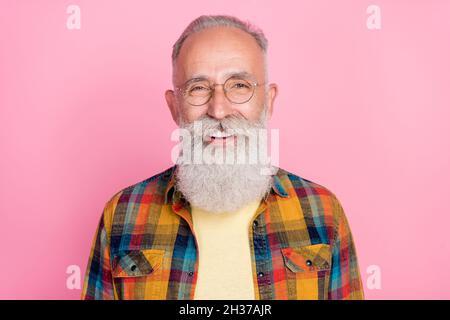 Photo Of Cute Charming Mature Man Dressed Denim Outfit Looking Pointing