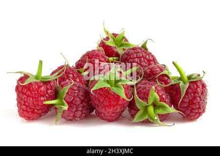 Ripe Raspberries With Leaves Close Up Isolated On A White Background