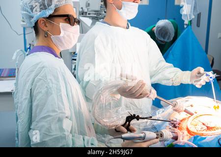 Surgeon Performs Minimally Invasive Laparoscopic Abdominal Surgery As