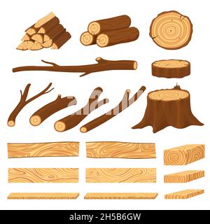 Wood Stacks And Hardwood Firewood Wooden Logs Cartoon Vector Set