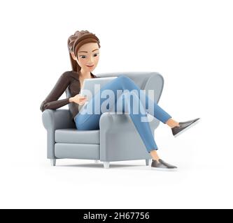 D Cartoon Woman Sitting In Spherical Chair With Laptop Illustration