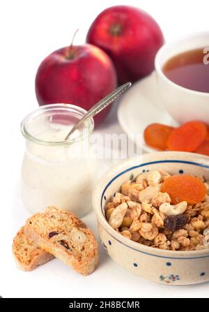 Homemade Yogurt And A Jar With Dried Apricots And Nuts Food Close Up