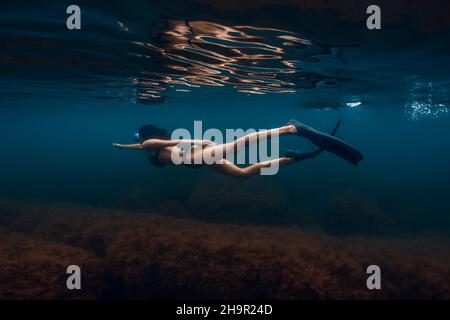 September 9 2021 Anapa Russia Freediver Woman In Bikini With Fins