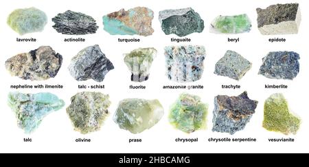 Set Of Various Raw Green Rocks With Names Cutout On White Background