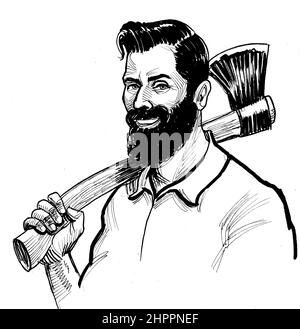 Lumberjack With Axe Ink Black And White Drawing Stock Photo Alamy