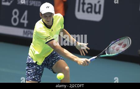 Hubert Hurkacz Of Poland Returns A Shot From Andrey Rublev Of Russia