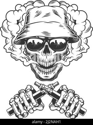 Skull In Panama Hat And Sunglasses And Crossed Native American Smoking