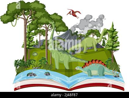 Book With Scene Of Dinosaurs In Forest Illustration Stock Vector Image