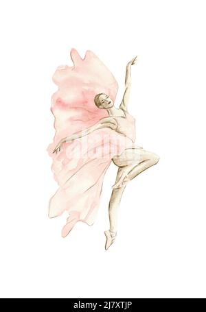 Watercolor Dancing Ballerina In Pink Dress Isolated Dancing Ballerina