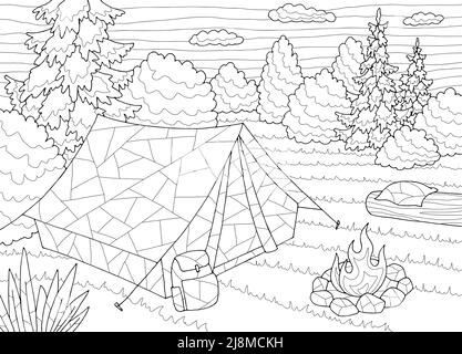 Camping Forest Graphic Black White Landscape Sketch Illustration Vector