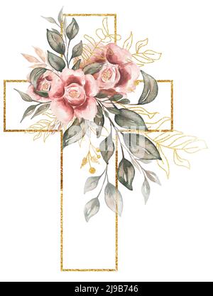 Watercolor Easter Pink Flowers Cross Clipart Golden Frame Delicate