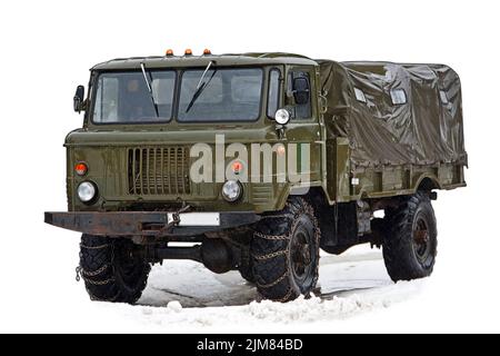 Vintage Retro Soviet Truck Green Field Front View Closeup Stock Photo