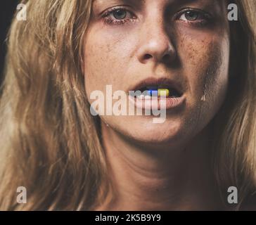 Depression Portrait And Girl With Pill In Her Mouth With Emotional