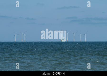 Offshore Wind Farm Viewed From The Sea Shore At Sandy Gap Lane Walney