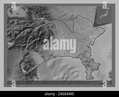 Kanagawa Prefecture Of Japan Grayscale Elevation Map With Lakes And