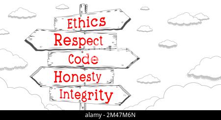 Integrity Honesty Ethics Outline Signpost With Three Arrows Stock