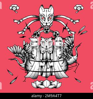 Bakeneko Japanese Monster Cat Element On A Pink Background Vector Stock