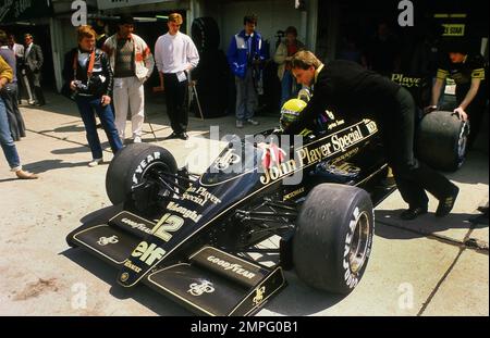 Ayrton Senna Inhis JPS Lotus Renault F 1 Car At The 1985 Belgium GP At