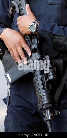 Police Officer SWAT In Black Uniform In The Smoke Stock Photo Alamy