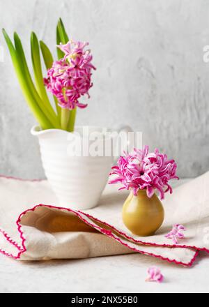 Mini Hyacinths In Flower Vase On White Background Close Up Stock Photo