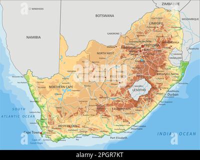 High Detailed South Africa Physical Map With Labeling Stock Vector