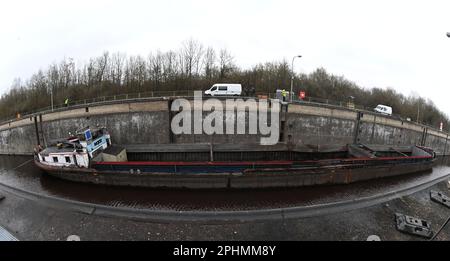 29 March 2023 Bavaria Wörth An Der Donau A wrecked ship lies in the