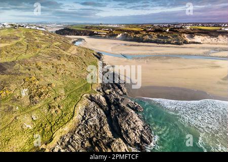 Aerial View Of Crantock Beach In Cornwall At Low Tide Stock Photo Alamy