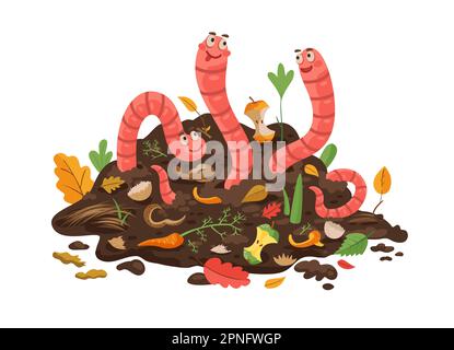 Cartoon Funny Earth Worm Characters Eating Compost Or Bio Organic