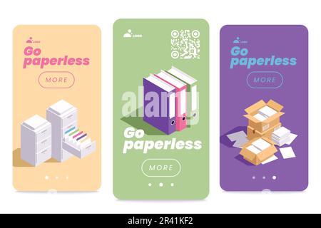 Go Paperless Concept Isometric Vertical Banners Set Isolated Vector